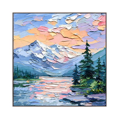 Alpine Afterglow artwork in a dark wood frame on a transparent background.