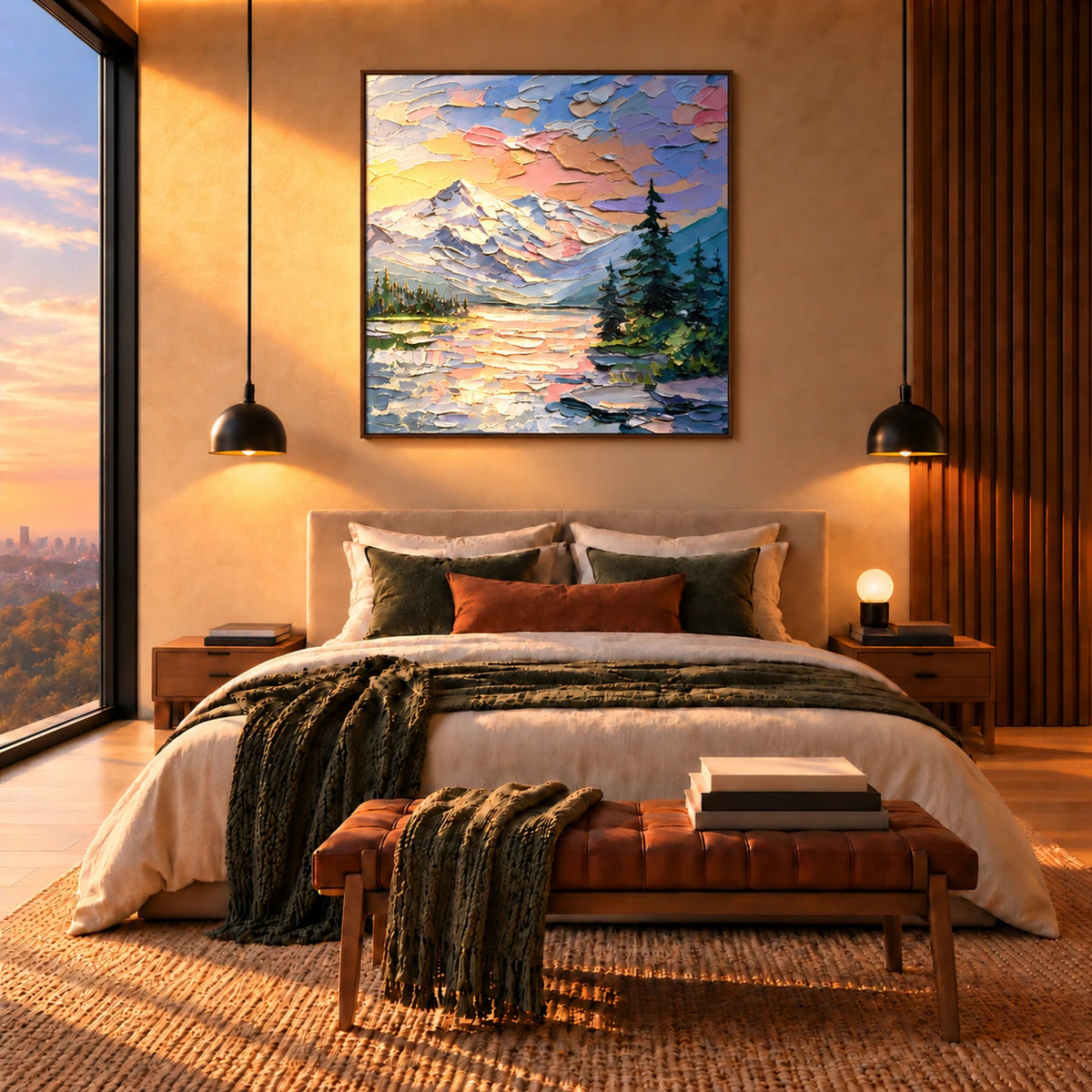 Alpine Afterglow artwork displayed above a bed beside sunset-facing windows.