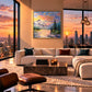Alpine Afterglow artwork displayed above a pale sectional sofa with a city view.