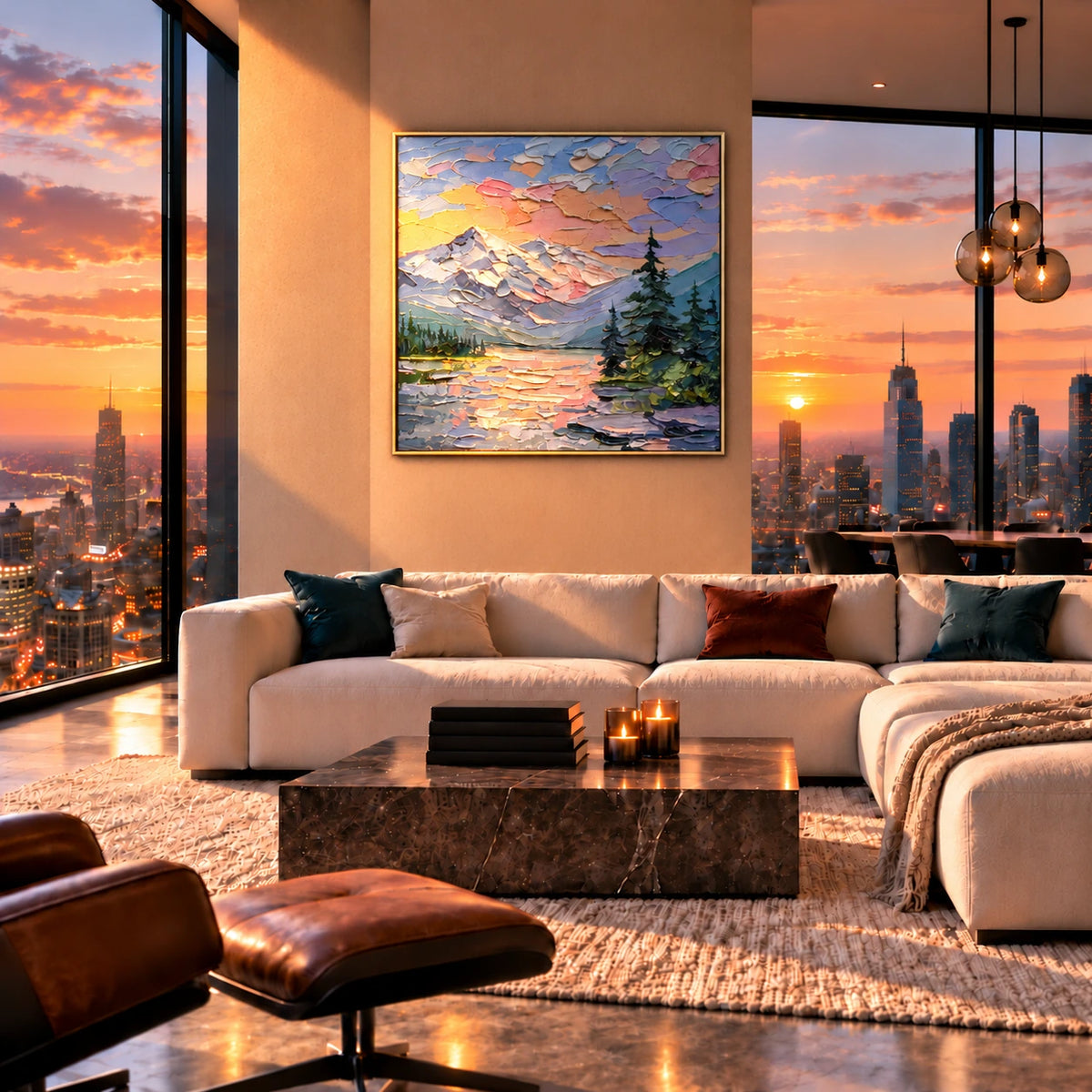 Alpine Afterglow artwork displayed above a pale sectional sofa with a city view.