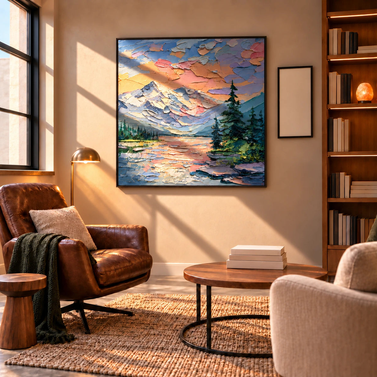 Alpine Afterglow artwork displayed beside lounge chairs and wooden shelves.
