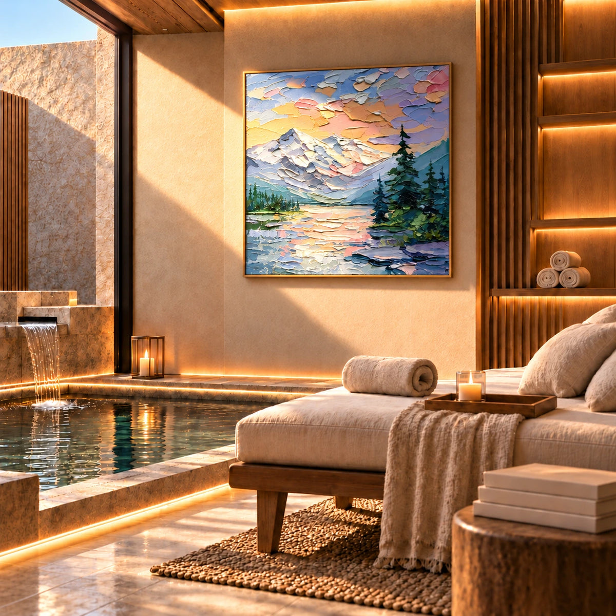 Alpine Afterglow artwork displayed beside an indoor pool and cushioned loungers.
