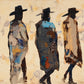 Frontier Silhouettes full artwork. A row of broad-brimmed figures crosses a warm ivory ground, their long coats broken into patches of blue, ochre, and charcoal.