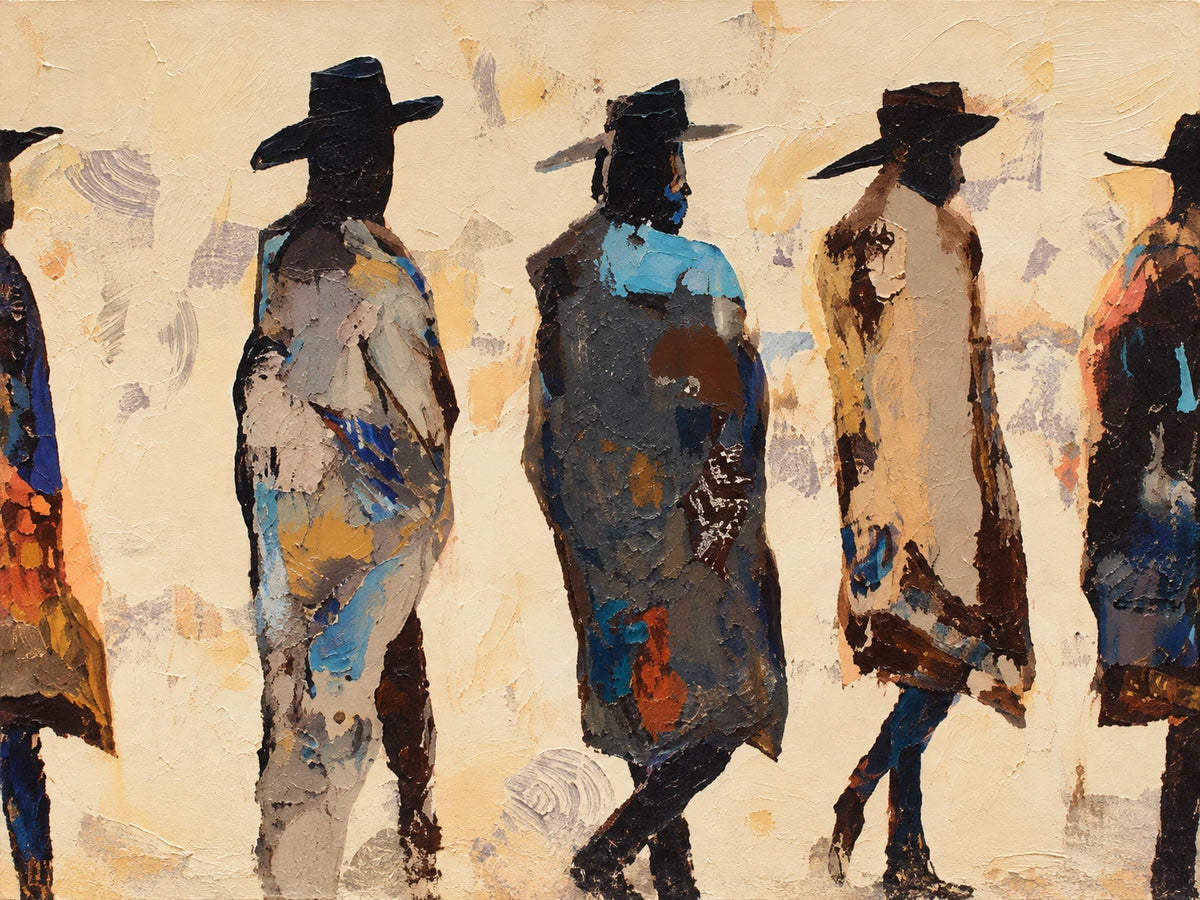 Frontier Silhouettes full artwork. A row of broad-brimmed figures crosses a warm ivory ground, their long coats broken into patches of blue, ochre, and charcoal.