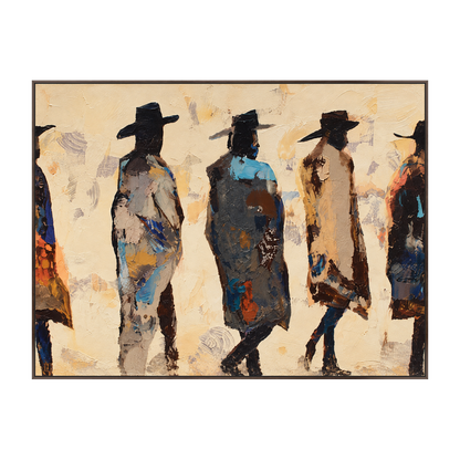 Frontier Silhouettes artwork in a dark wood frame on a transparent background.