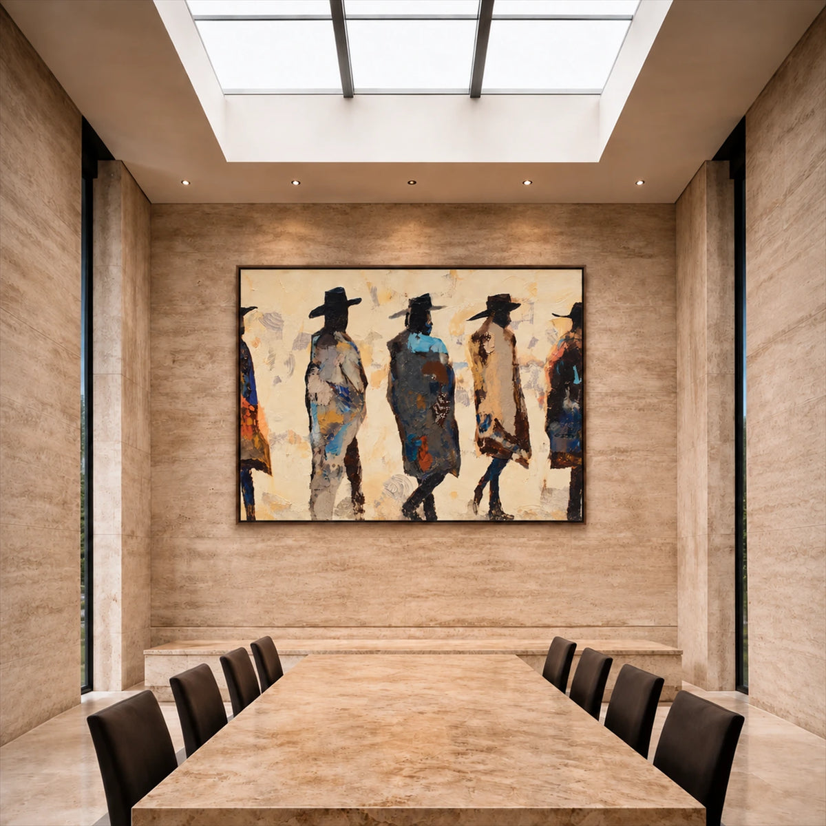 Frontier Silhouettes artwork displayed above a long dining table beneath a skylight.