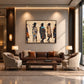 Frontier Silhouettes artwork displayed above a brown sofa between pale armchairs.