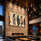 Frontier Silhouettes artwork displayed above a fireplace in a double-height lounge.
