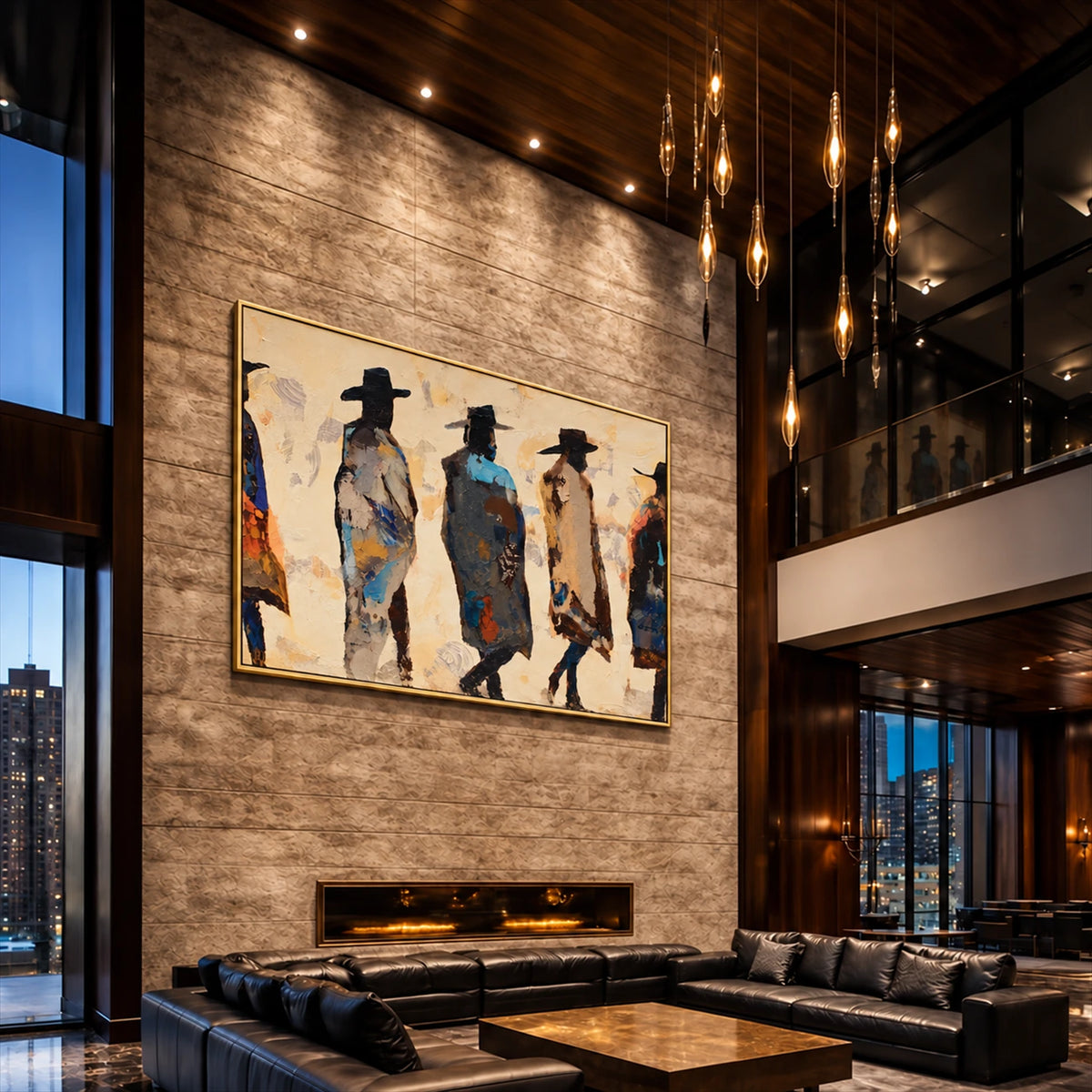 Frontier Silhouettes artwork displayed above a fireplace in a double-height lounge.