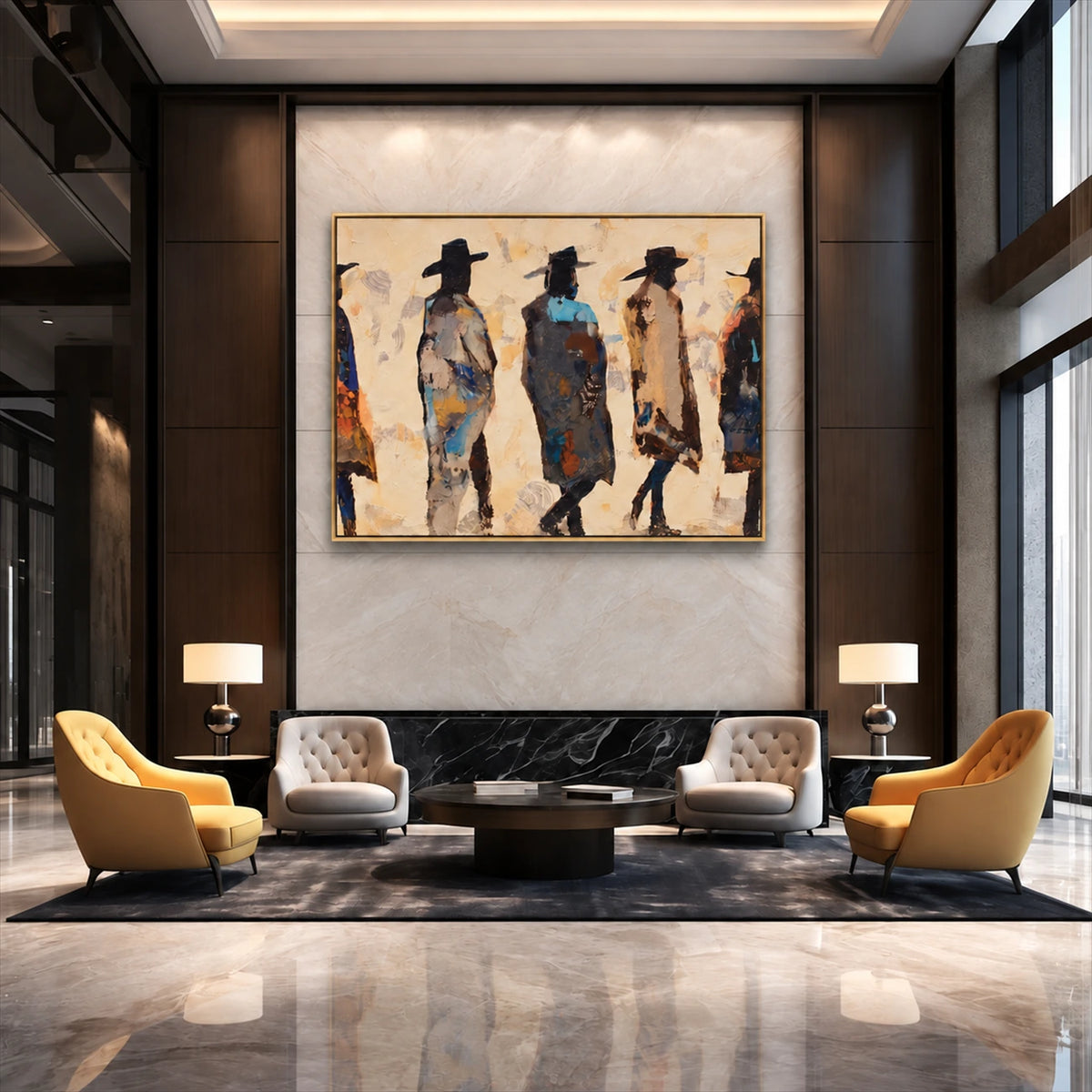Frontier Silhouettes artwork displayed above seating between yellow lounge chairs.