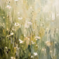Meadow Haze full artwork. Delicate white flowers rise on slender stems through layered olive, sage, and pale yellow brushwork.