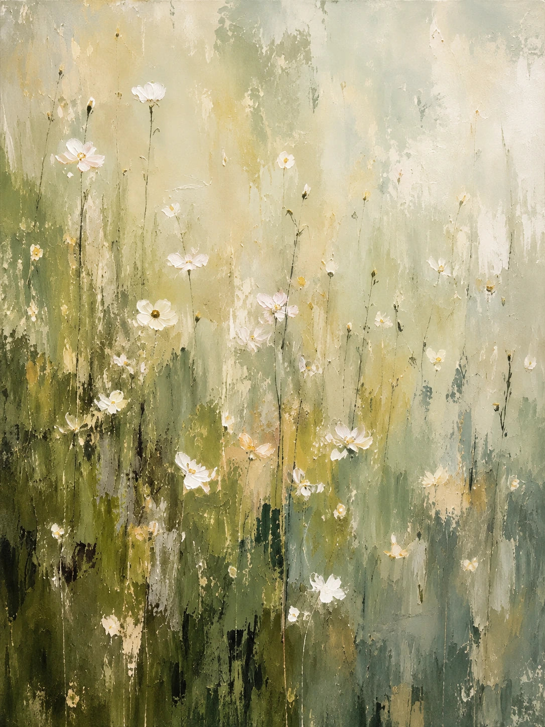 Meadow Haze full artwork. Delicate white flowers rise on slender stems through layered olive, sage, and pale yellow brushwork.