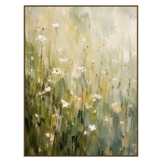 Meadow Haze artwork in a natural wood frame on a transparent background.