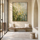 Meadow Haze artwork displayed above a wooden bench beside a glass door.