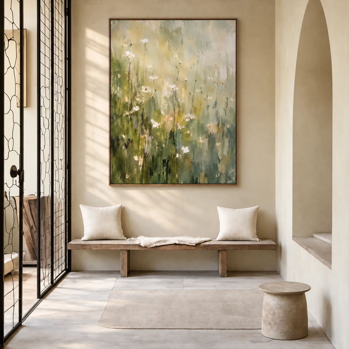 Meadow Haze artwork displayed above a wooden bench beside a glass door.