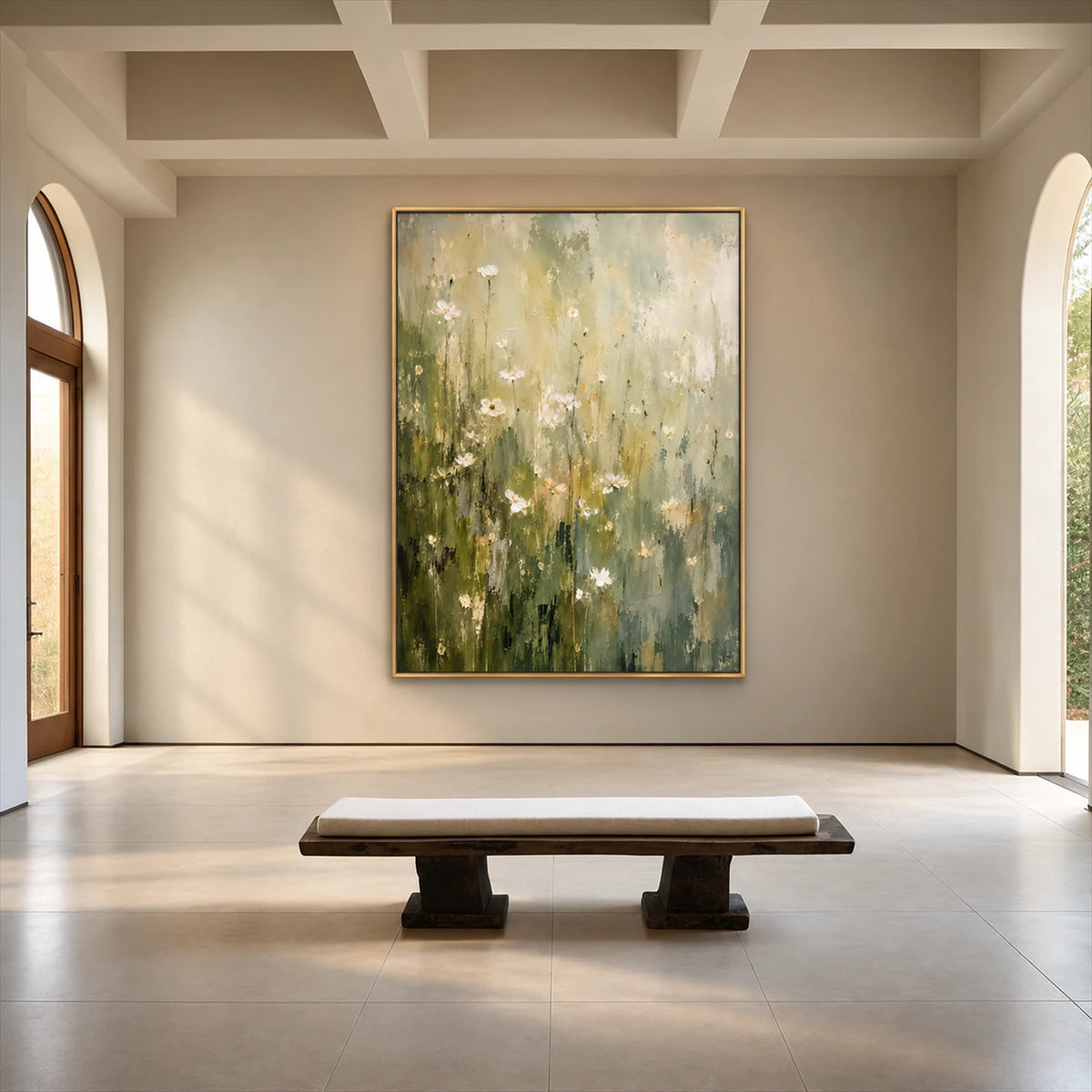 Meadow Haze artwork displayed above a rustic bench in an airy entryway.