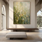 Meadow Haze artwork displayed above a long bench beneath an arched opening.