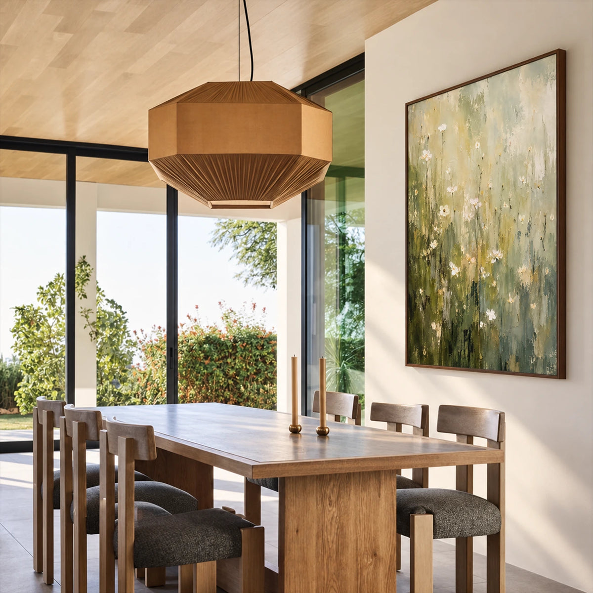 Meadow Haze artwork displayed beside a dining table and geometric pendant light.