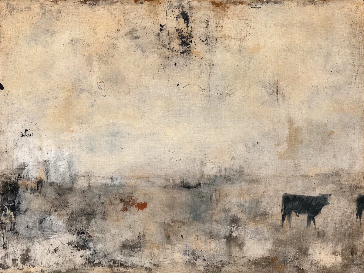Distant Pasture full artwork. Small dark cattle silhouettes stand near the horizon of a wide, pale landscape.