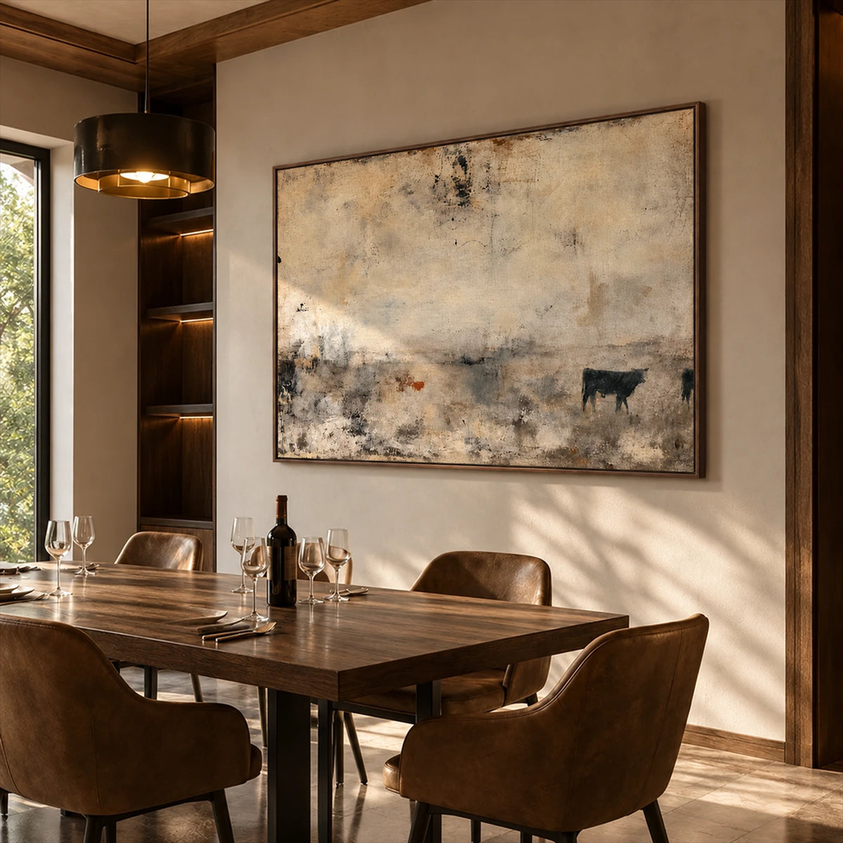 Distant Pasture artwork displayed beside a wooden dining table.