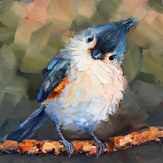 Curious Crest full artwork. A small blue-crested bird tilts its head from an orange-brown branch, its pale breast built from lively layered strokes.