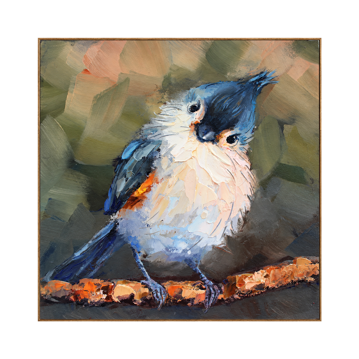 Curious Crest artwork in a natural wood frame on a transparent background.