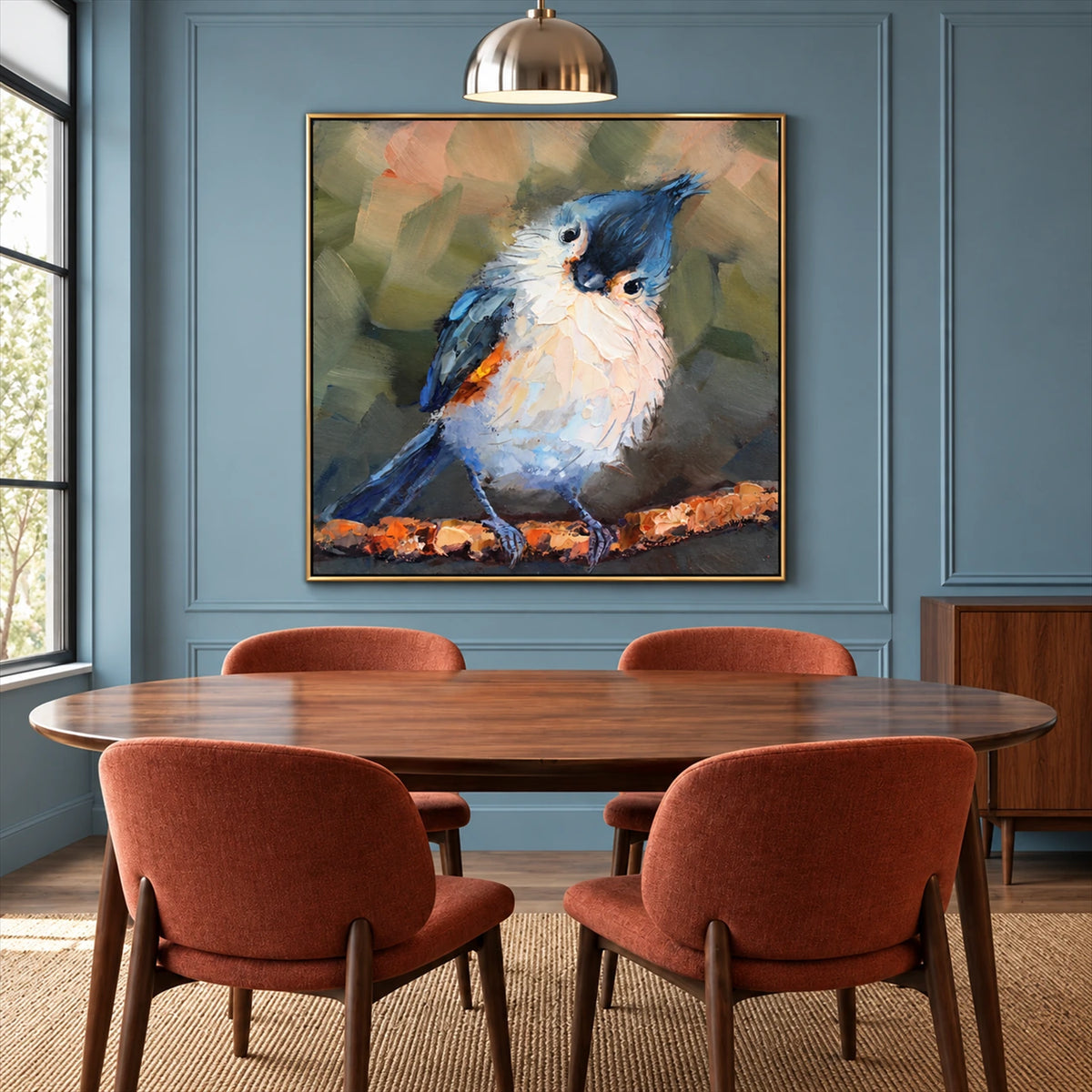 Curious Crest artwork displayed above a wooden dining table with rust-colored chairs.