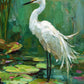Lilywater Heron full artwork. A white heron stands among floating lily pads, its long feathers trailing over green water.