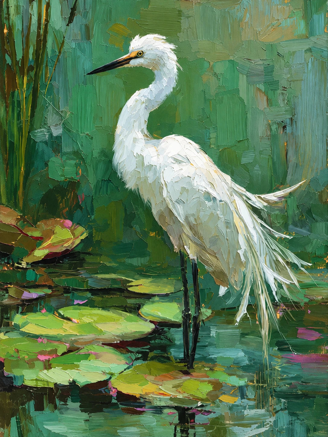 Lilywater Heron full artwork. A white heron stands among floating lily pads, its long feathers trailing over green water.
