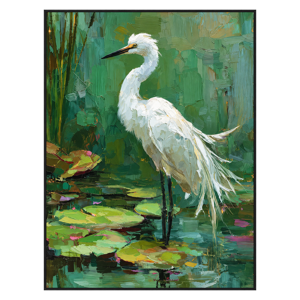 Lilywater Heron artwork in a black frame on a transparent background.