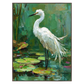 Lilywater Heron artwork in a dark wood frame on a transparent background.