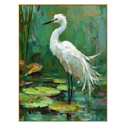 Lilywater Heron artwork in a gold frame on a transparent background.