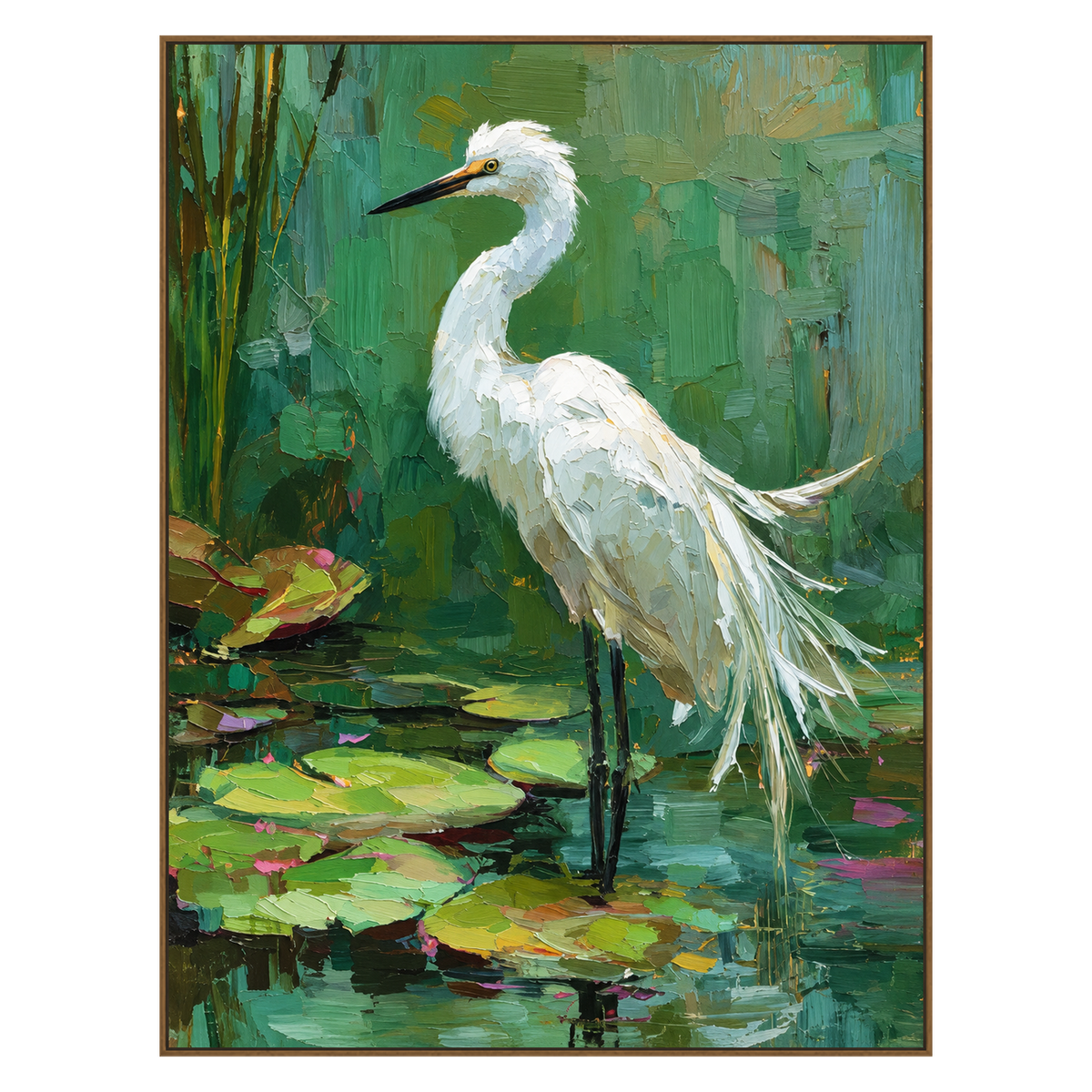 Lilywater Heron artwork in a natural wood frame on a transparent background.