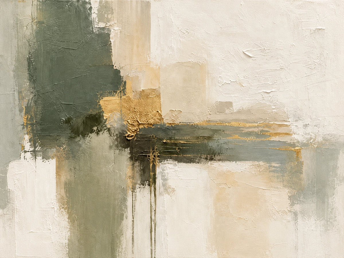 Olive Intersections full artwork. Layers of olive green, ivory, and warm gold intersect across a softly textured ground.