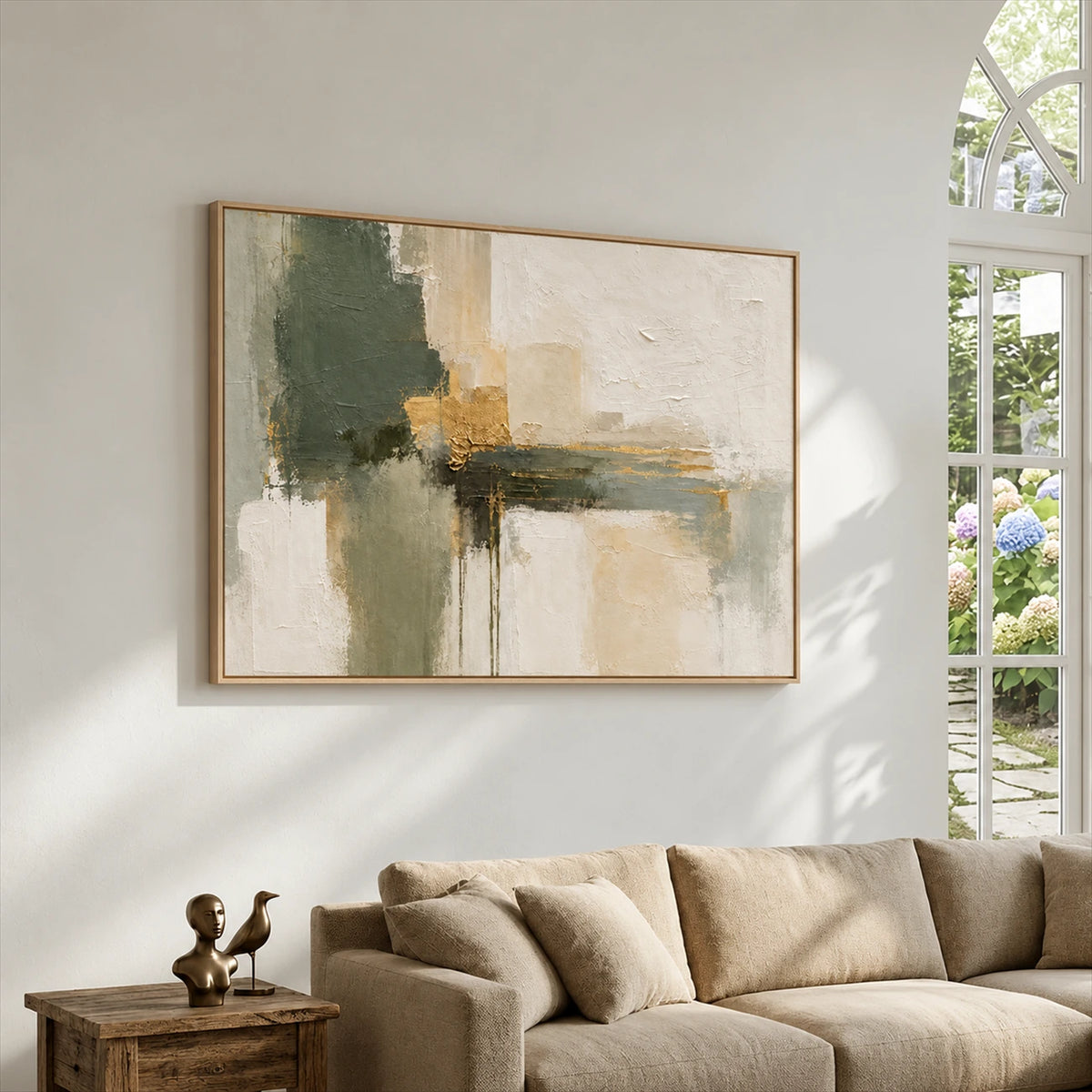 Olive Intersections artwork displayed above a cream sofa beside a window.