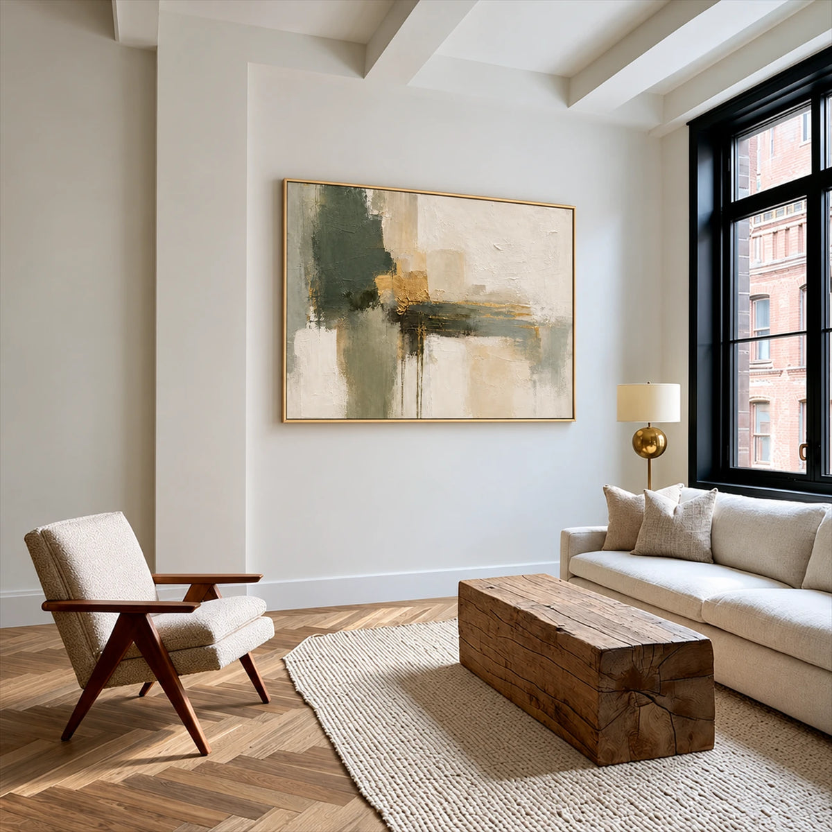 Olive Intersections artwork displayed beside a lounge chair and wood coffee table.