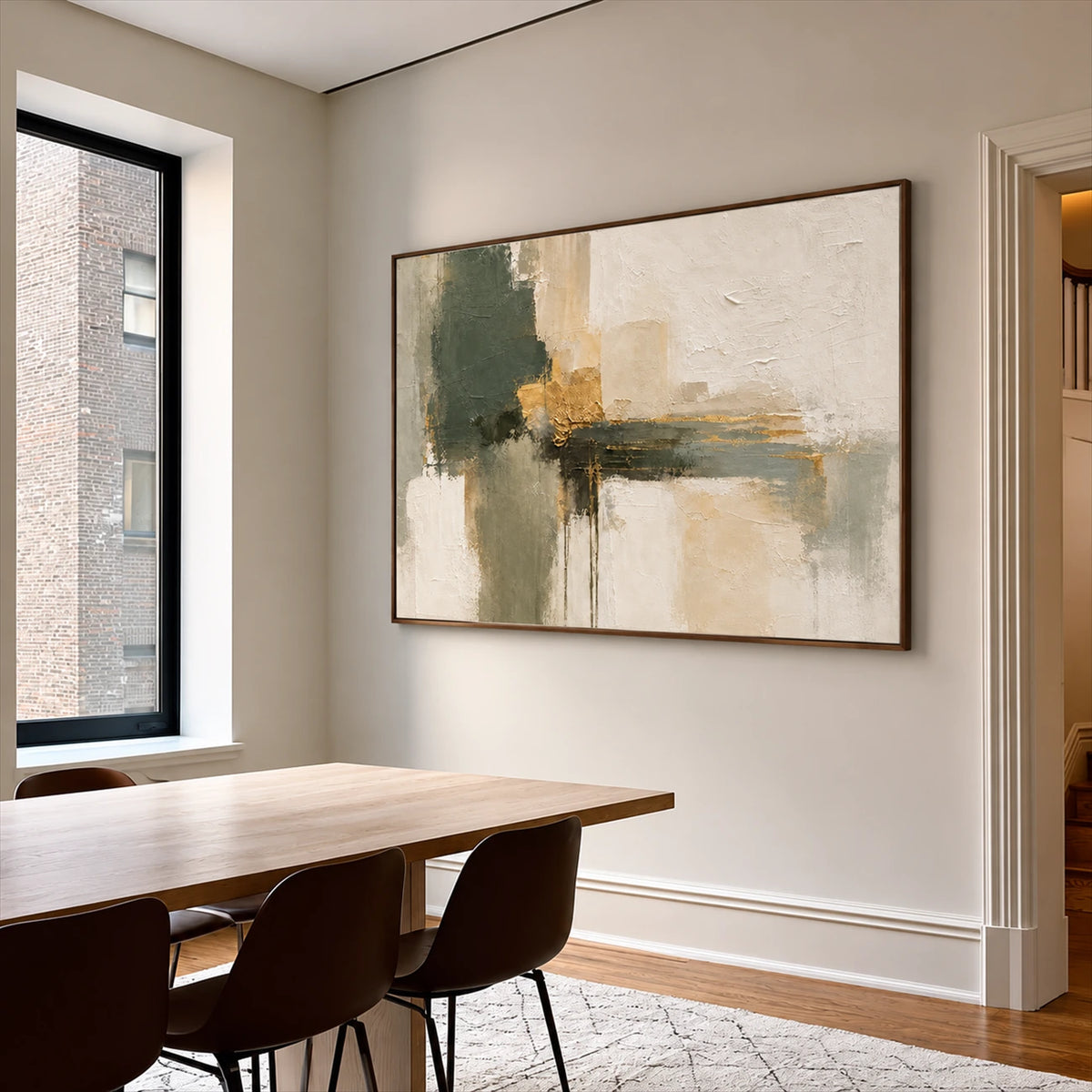 Olive Intersections artwork displayed near a wood dining table.