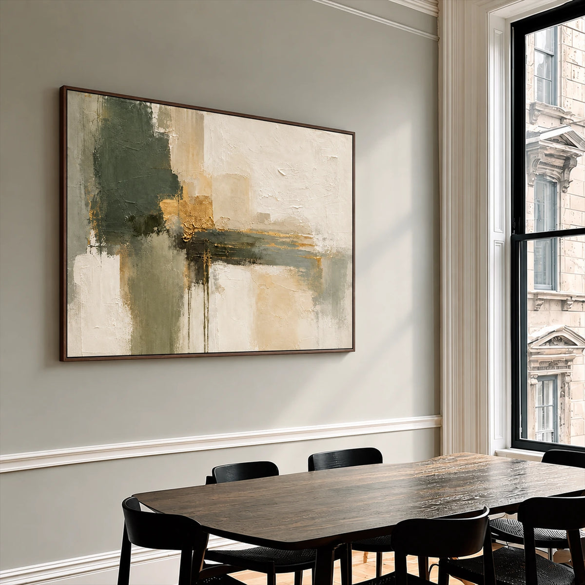 Olive Intersections artwork displayed above a dark dining table.