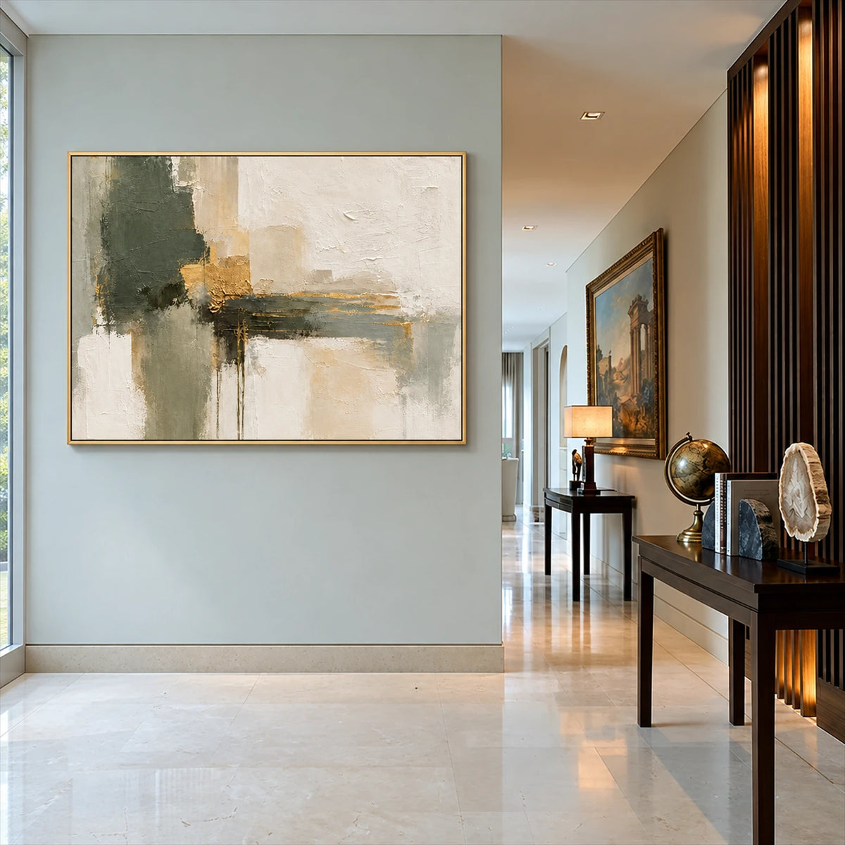 Olive Intersections artwork displayed on a pale hallway wall.