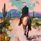 Pastel Outrider full artwork. A lone rider follows a winding desert trail between tall cacti and pastel hills.