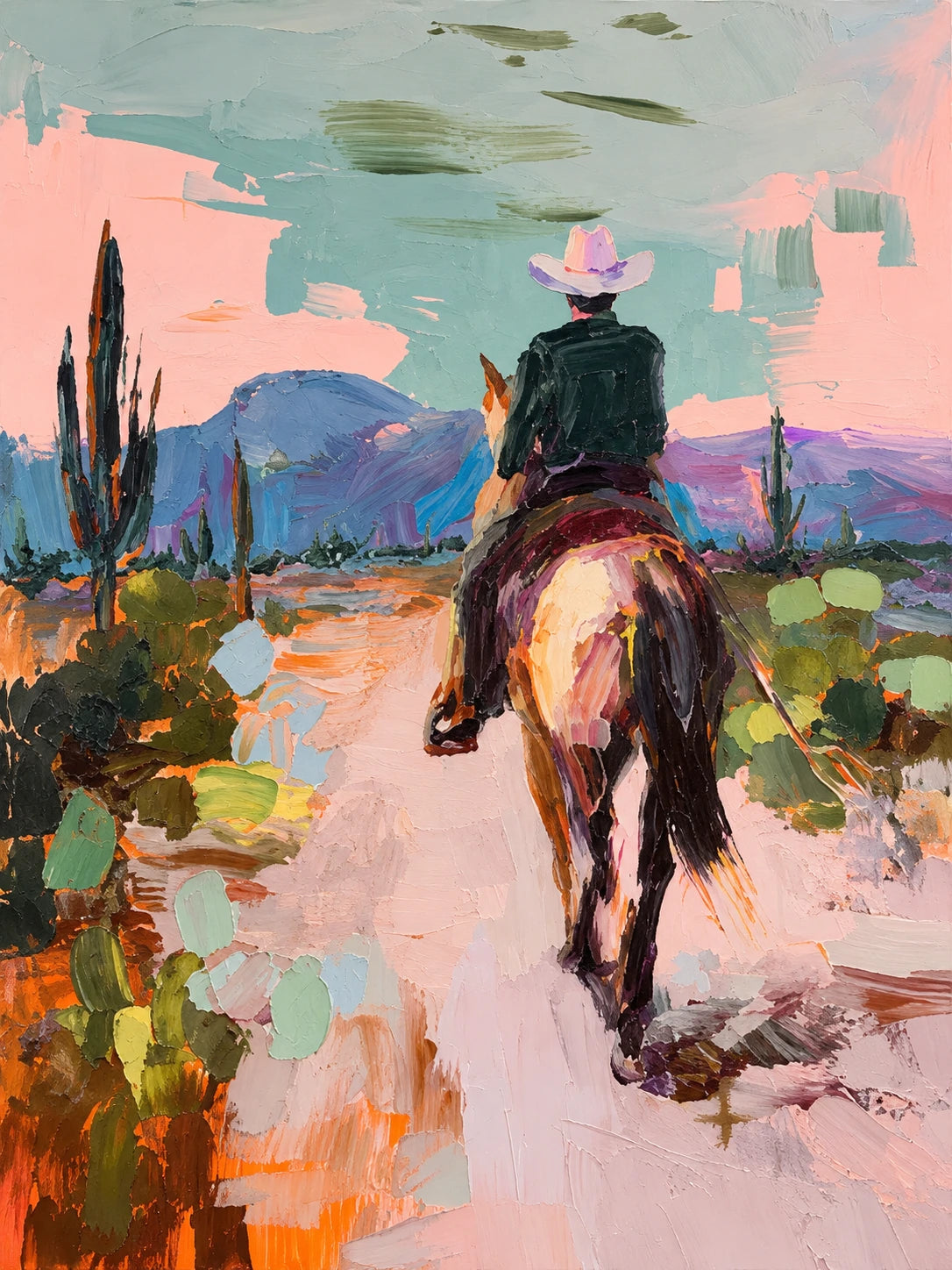 Pastel Outrider full artwork. A lone rider follows a winding desert trail between tall cacti and pastel hills.