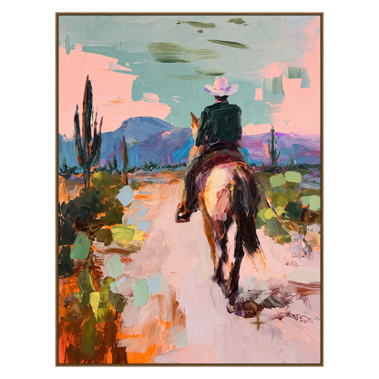 Pastel Outrider artwork in a natural wood frame on a transparent background.