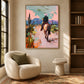 Pastel Outrider artwork displayed above a cream armchair.