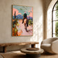 Pastel Outrider artwork displayed above a rustic bench beside an arched window.