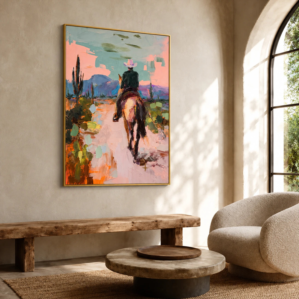Pastel Outrider artwork displayed above a rustic bench beside an arched window.