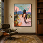 Pastel Outrider artwork displayed beside a dark lounge chair and bookshelves.