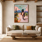 Pastel Outrider artwork displayed above a cream sofa beneath wood beams.