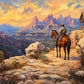 Frontier Overlook full artwork. A cowboy and his horse pause on a rocky overlook beside a remote cabin.