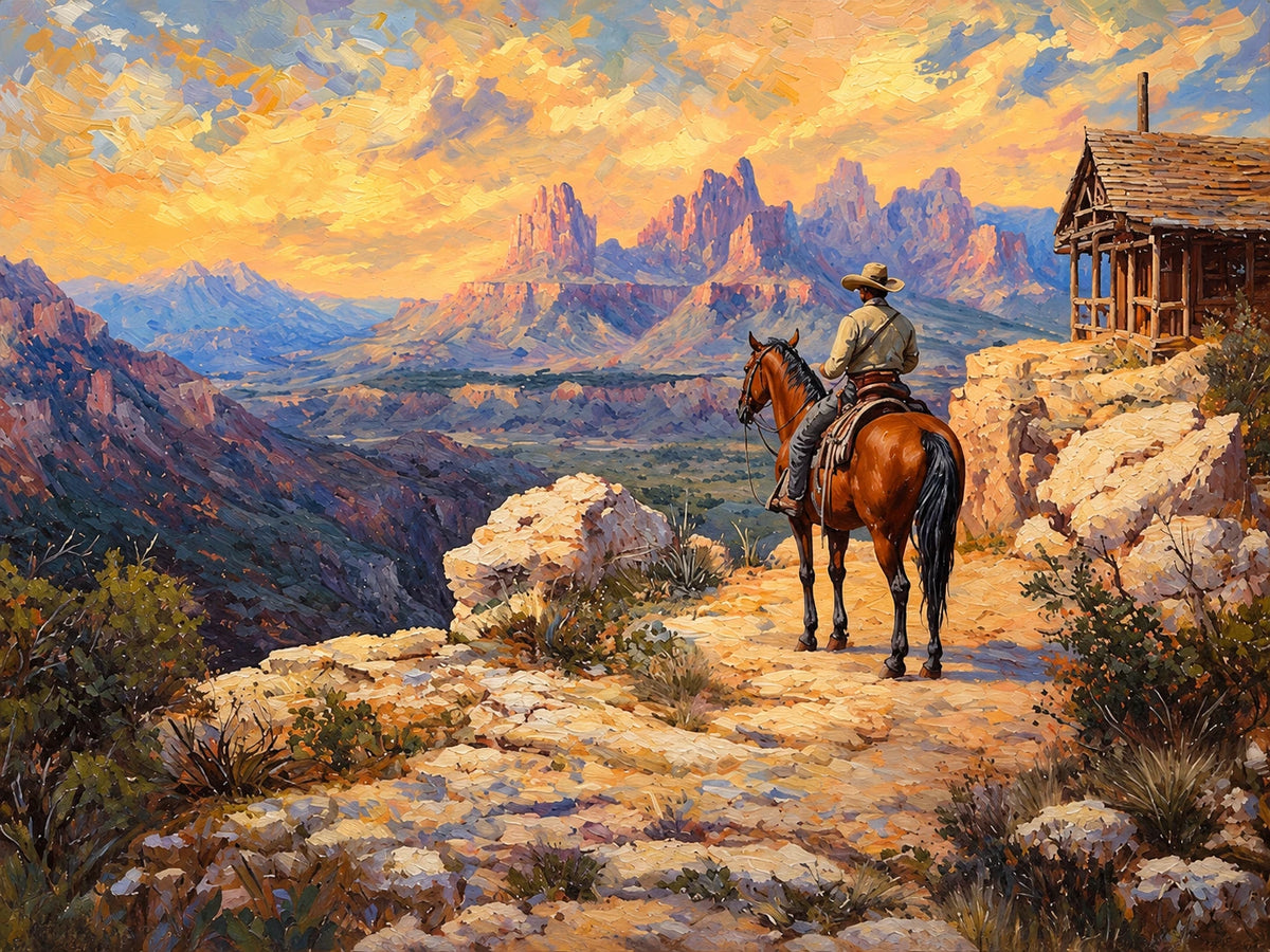 Frontier Overlook full artwork. A cowboy and his horse pause on a rocky overlook beside a remote cabin.
