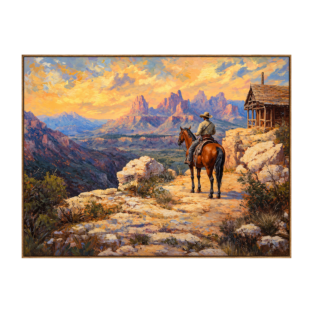 Frontier Overlook artwork in a natural wood frame on a transparent background.